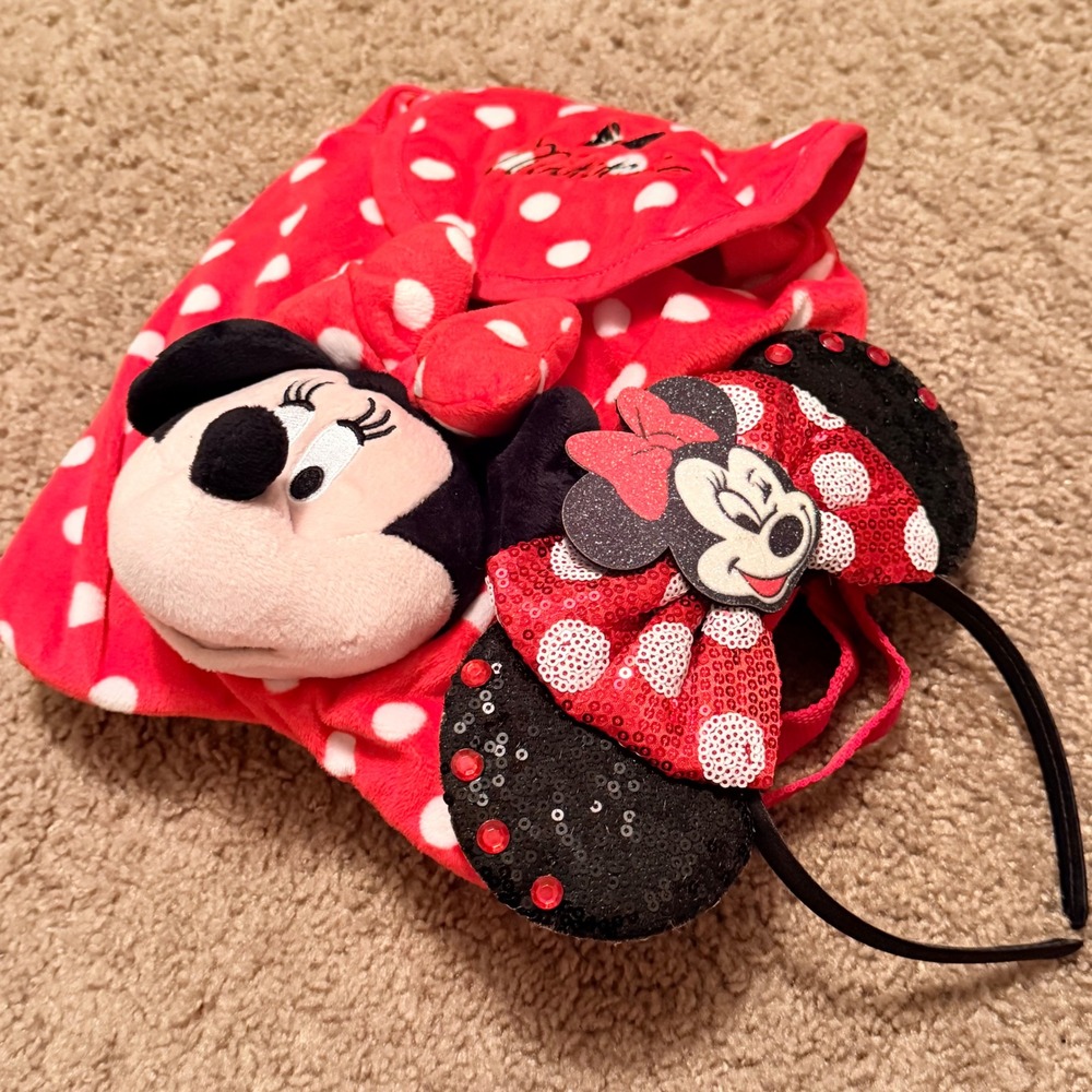 Disney Minnie Mouse Plush Polka Dot Backpack and Sequin Ear Headband Set Kids